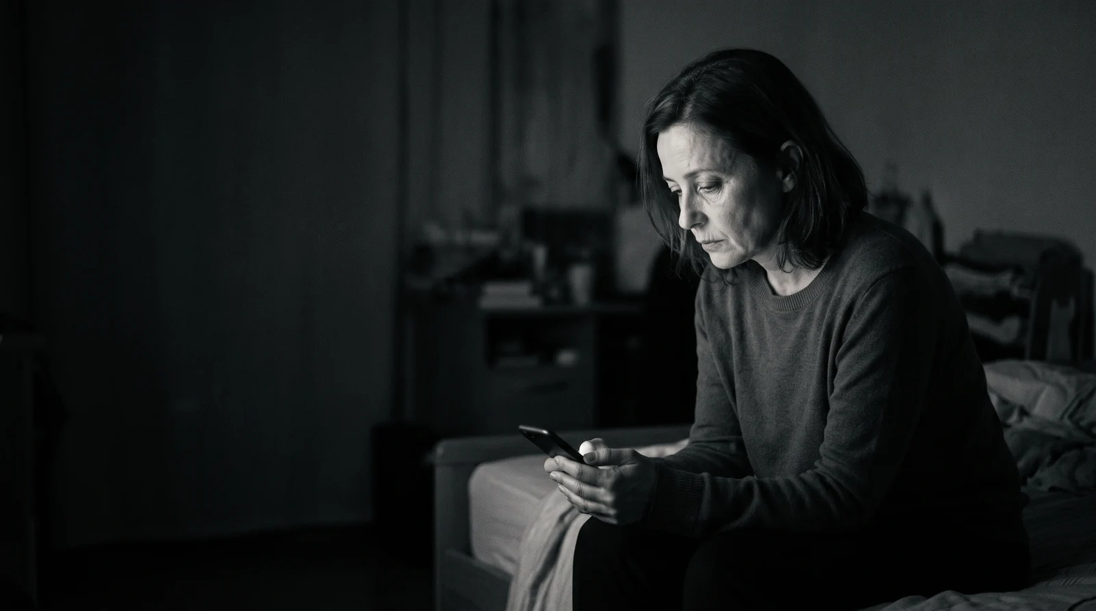 Una mujer sentada en el borde de la cama, en blanco y negro, mirando el móvil con el rostro cansado antes de decidir si contesta