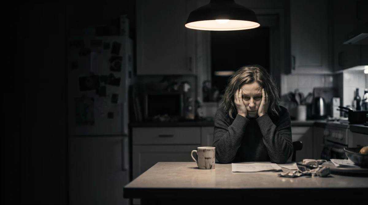 Una mujer con las manos en la cara bajo la lámpara de la cocina, con una taza y unos papeles sobre la mesa