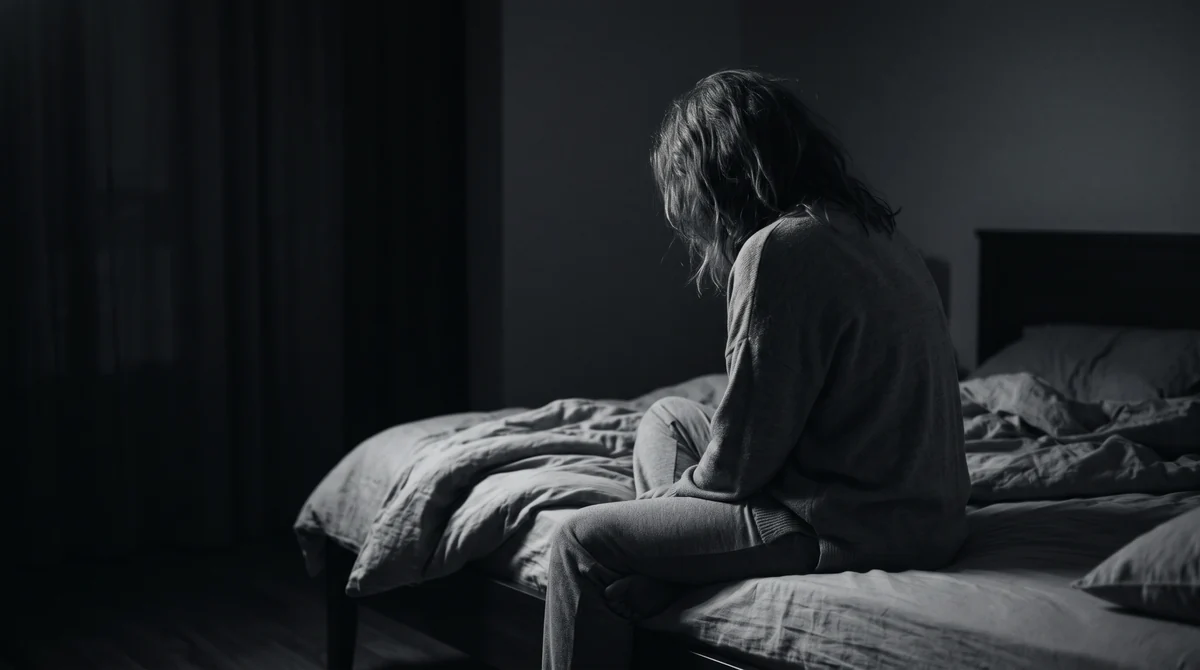 Una mujer de espaldas, sentada al borde de la cama deshecha con el pelo revuelto, en la penumbra de la habitación