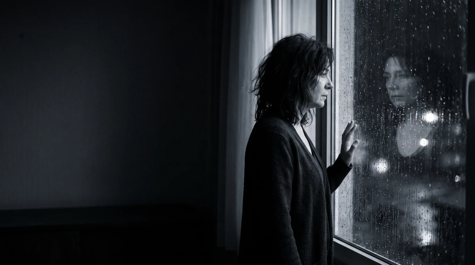 Una mujer de perfil junto a una ventana cubierta de lluvia, con la mano apoyada en el cristal y su reflejo borroso, en blanco y negro