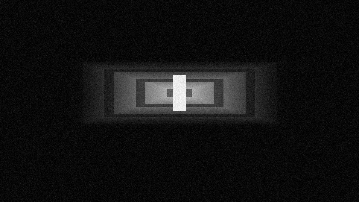 Un pasillo oscuro en blanco y negro con una puerta iluminada al fondo