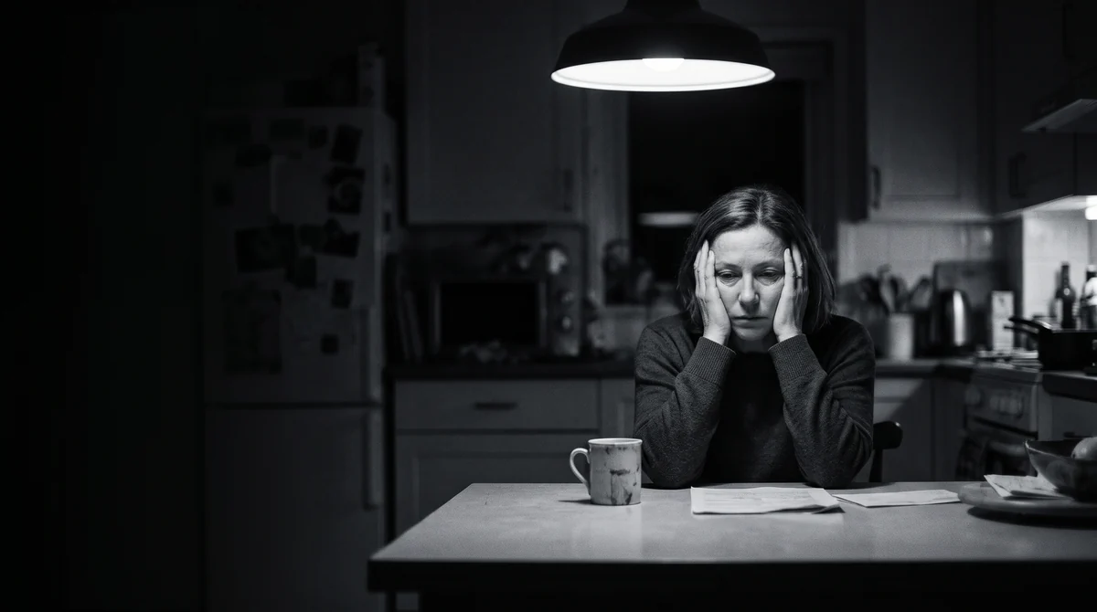 Una mujer con las manos en la cara bajo la lámpara de la cocina, en blanco y negro, con una taza y unos papeles