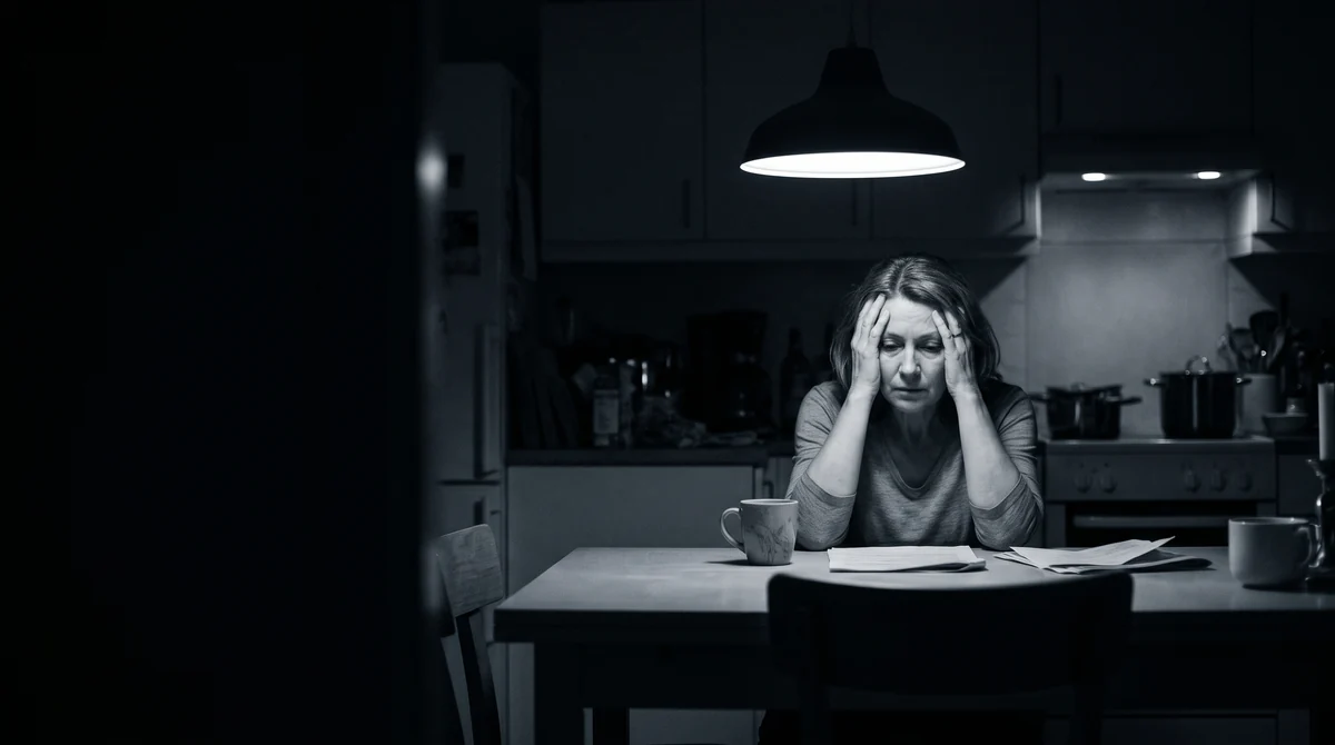 Una mujer con las manos en la cabeza ante la mesa de la cocina, en blanco y negro, con unos papeles delante