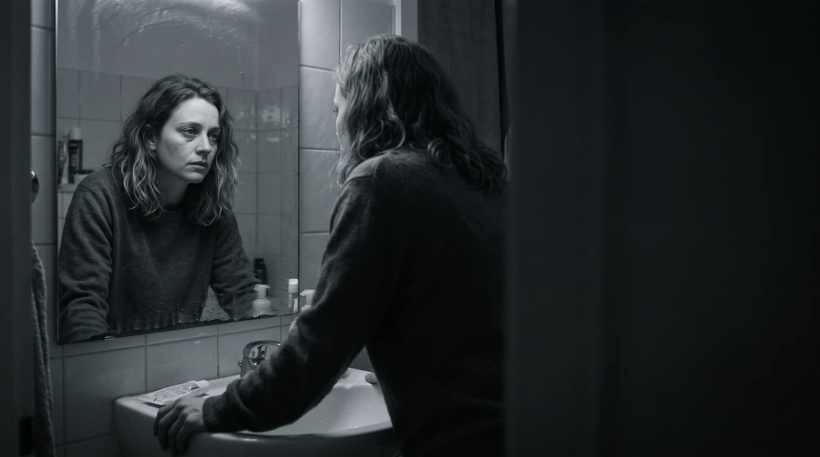 Una mujer que se mira al espejo del baño, en blanco y negro, con la duda en los ojos