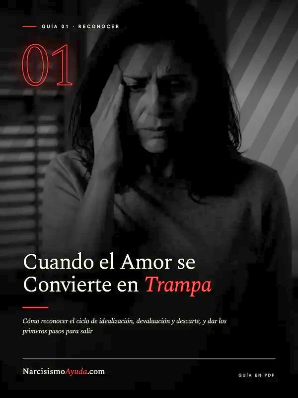 Portada en blanco y negro de la guía «Cuando el Amor se Convierte en Trampa»: una mujer en sombras junto a una ventana de persianas, con detalles en rojo